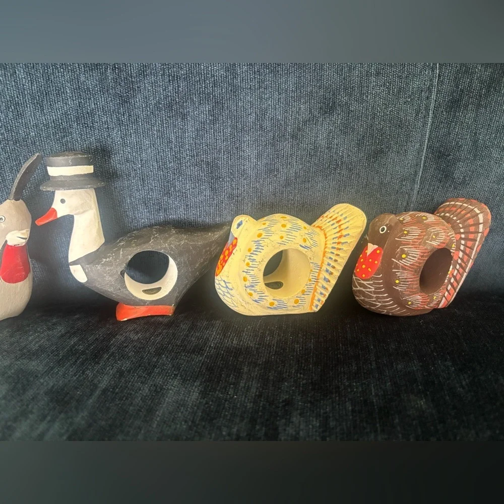 6 Vintage Hand Carved Wooden Bird Napkin Rings 3-4” each